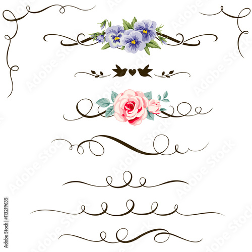 Set of decorative calligraphic elements. Vintage flower and calligraphic dividers for your design