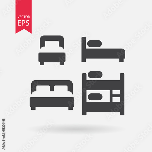 Bed icons set. Collection of of different black silhouette beds. Signs Isolated on white on background. Flat design
