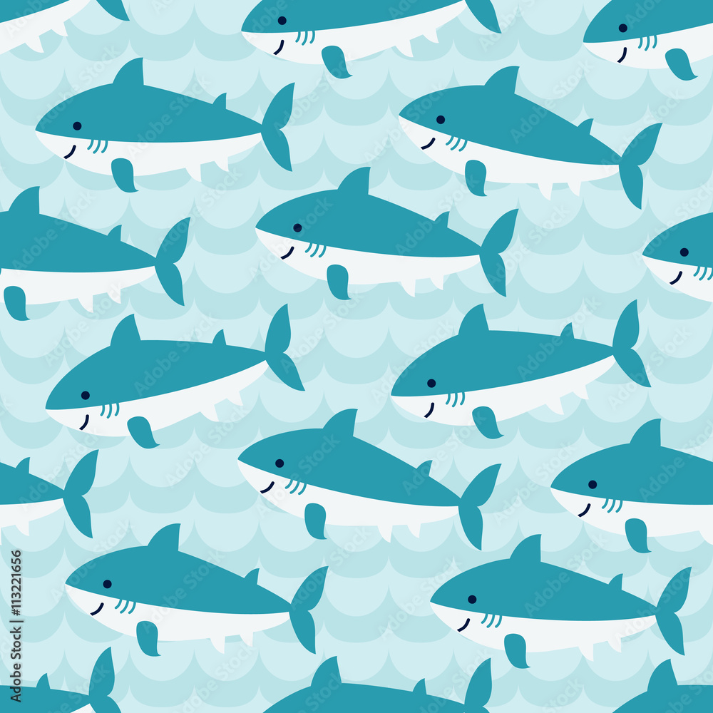 Fototapeta premium Seamless pattern with flock of cute cartoon sharks