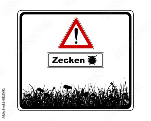 Warnschild mit Ausrufezeichen mit Zusatzschild Zecken