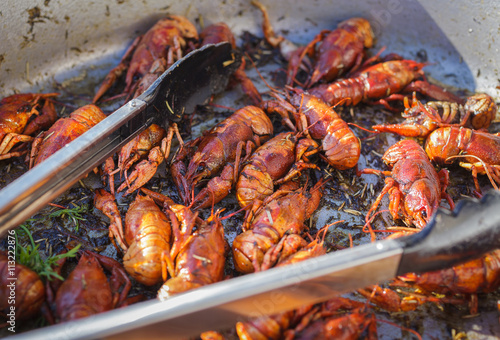 Cooked crayfish in a large bowl