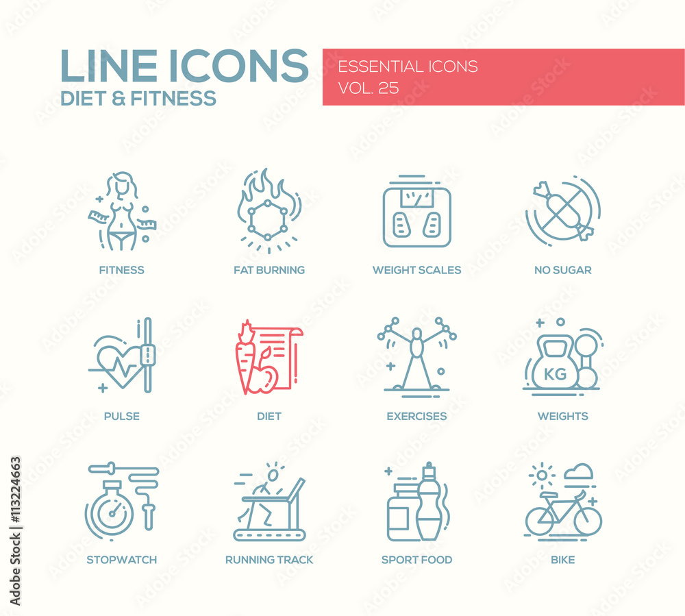 Diet and fitness - line design icons set Diet and fitness - line design icons set