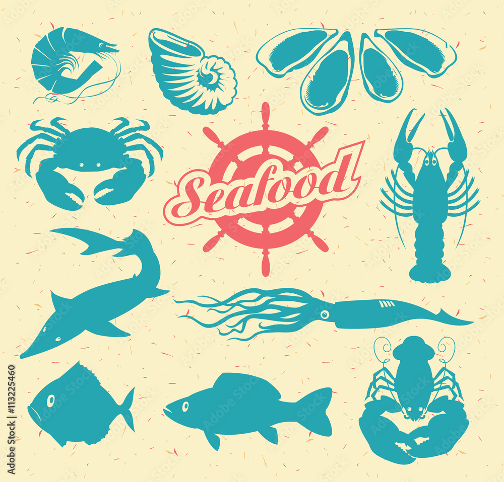 set of vector drawing animals on the theme of seafood