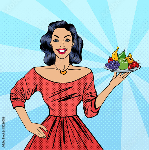 Beautiful Woman Holding a Plate with Fruits. Housewife with Fruits. Pop Art. Vector illustration