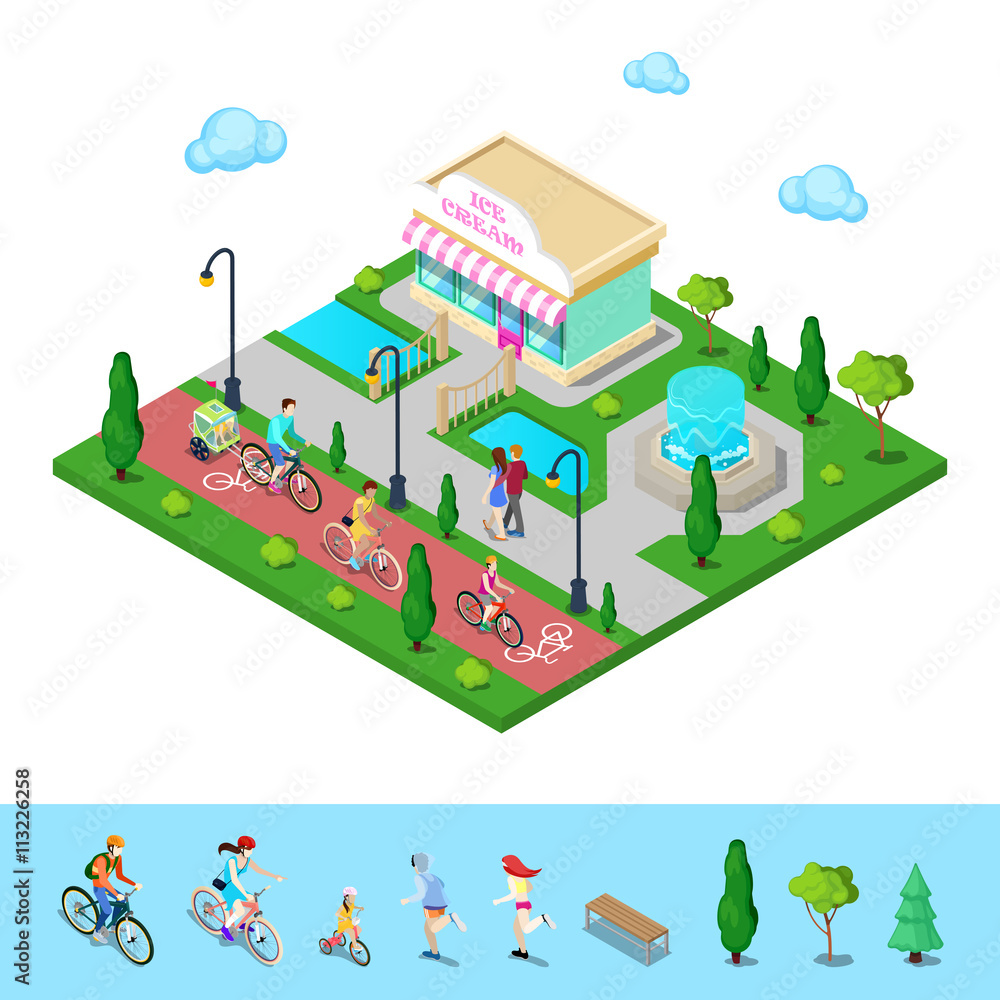 City Park with Bicycle Path. Family Riding on the Bicycles. Active People. Vector illustration City Park with Bicycle Path. Family Riding on the Bicycles. Active People. Vector illustration