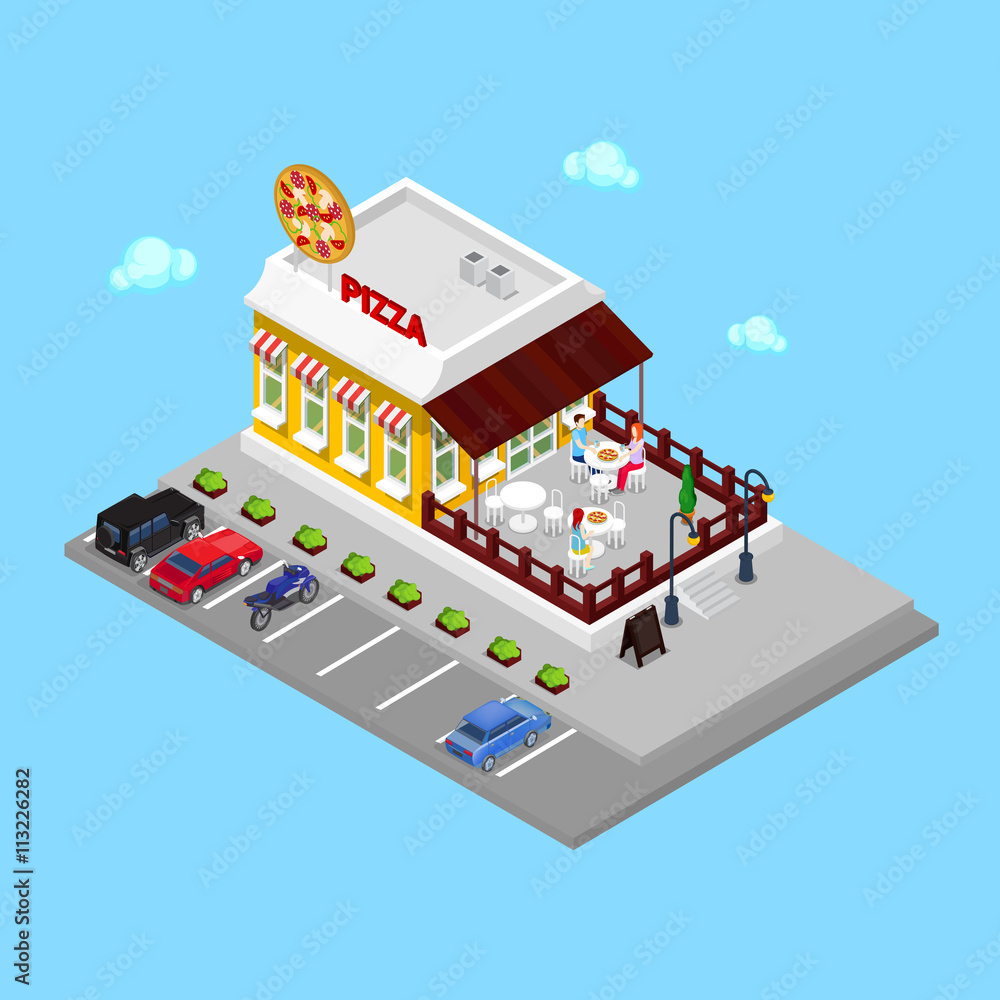 Isometric Pizzeria. Modern Restaurant with Parking Zone. People in Pizzeria. Vector illustration