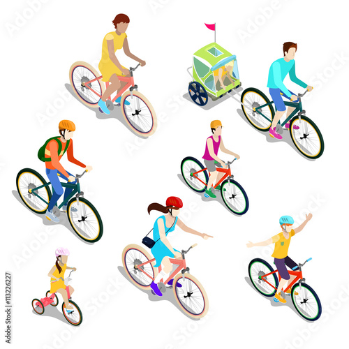 Isometric People. Isometric Bicycle. Family Cyclists. Vector illustration