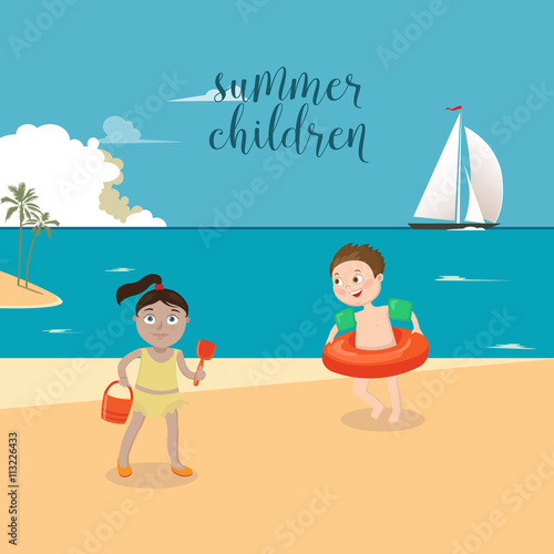Children Sea Vacation. Girls and Boys Playing on the Beach. Vector illustration