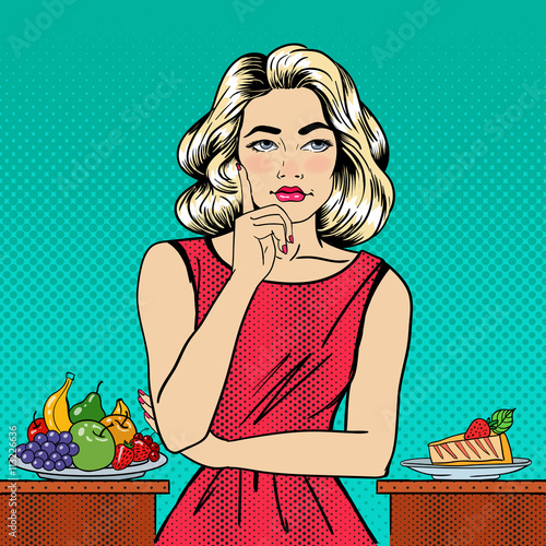 Woman Choosing Food Between Fruits and Cheesecake