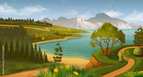 Nature landscape, sea bay, vector background