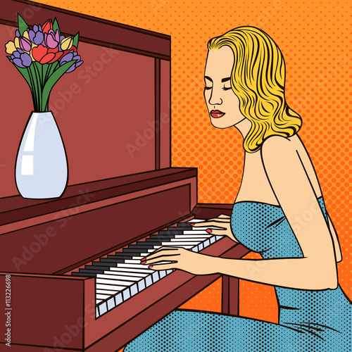Beautiful Young Woman Playing on Piano. Pop Art. Vector illustration