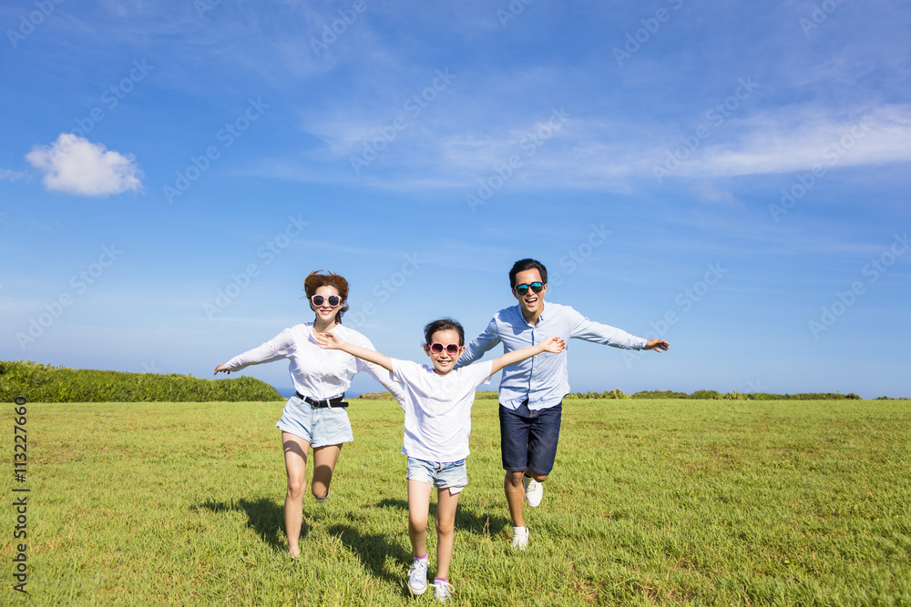 Happy family  running together on the grass