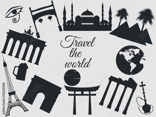 Travel the world, world landmarks, travel and tourism background. Around the world. On white background.