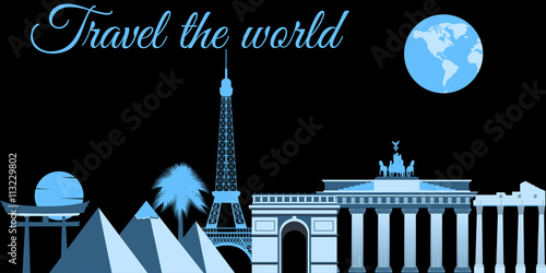 Travel the world, world landmarks, travel and tourism background. Around the world. 