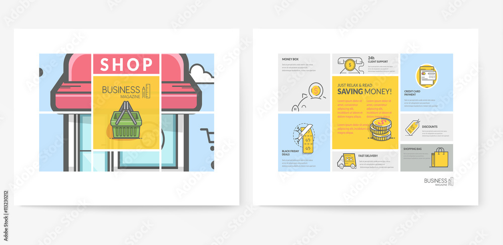 Business brochure flyer design layout template, with concept icons:
Advertising, online shop.