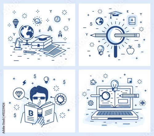 Set of vector illustrations in modern linear style, online education, search for knowledge and the pursuit of excellence, self-education and development, online tutorial.