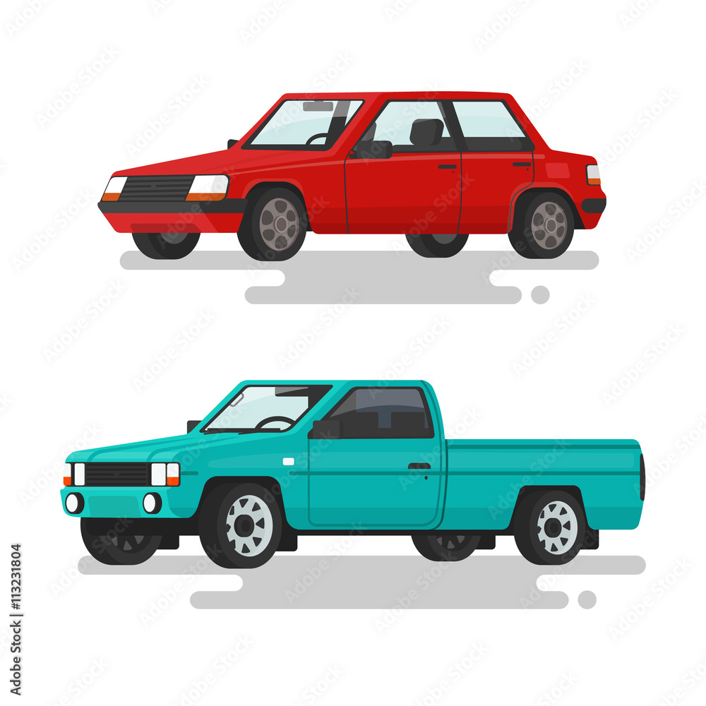 Car sedan and a pickup truck on a white background. Vector illus
