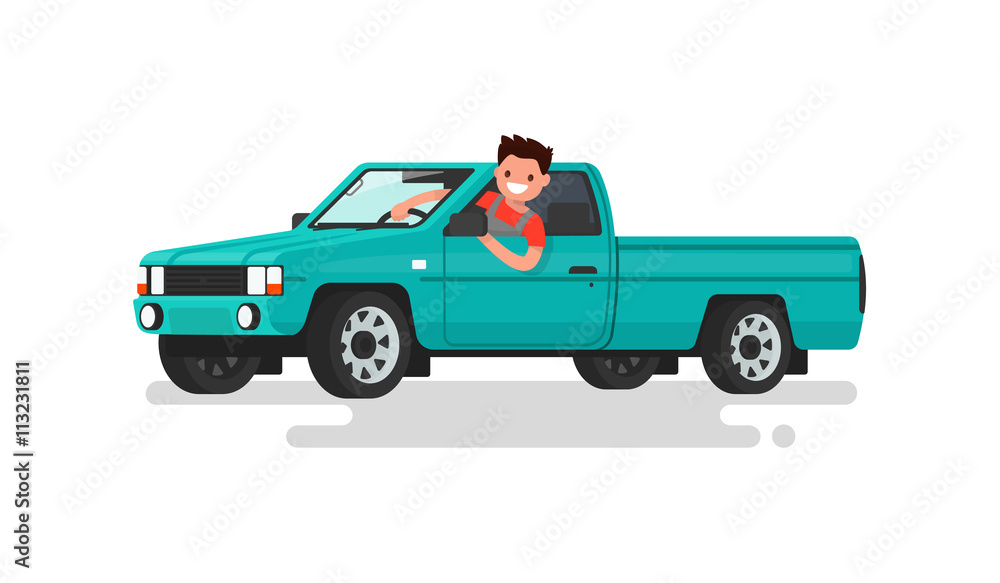 Smiling man at the wheel of a pickup truck. Vector illustration - obrazy, fototapety, plakaty 