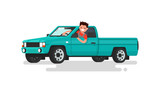Smiling man at the wheel of a pickup truck. Vector illustration