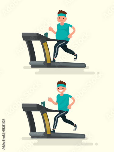 Before and after. Obese man running on a treadmill and he  after