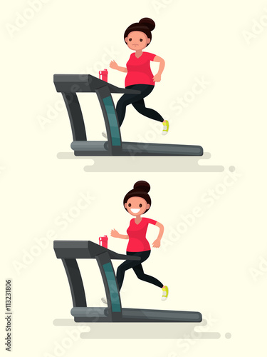 Before and after. Obese woman runs on a treadmill, and she after