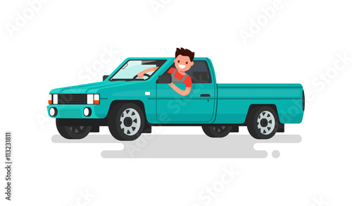 Smiling man at the wheel of a pickup truck. Vector illustration