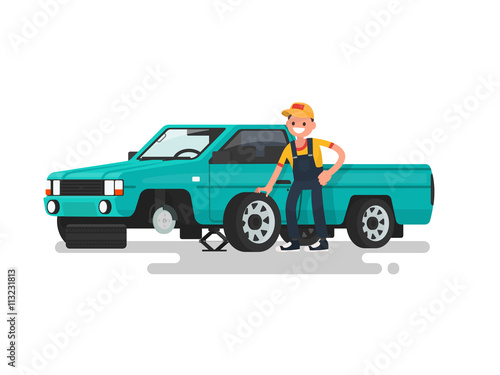 Tire service. Worker change a punctured tire on the car. Vector