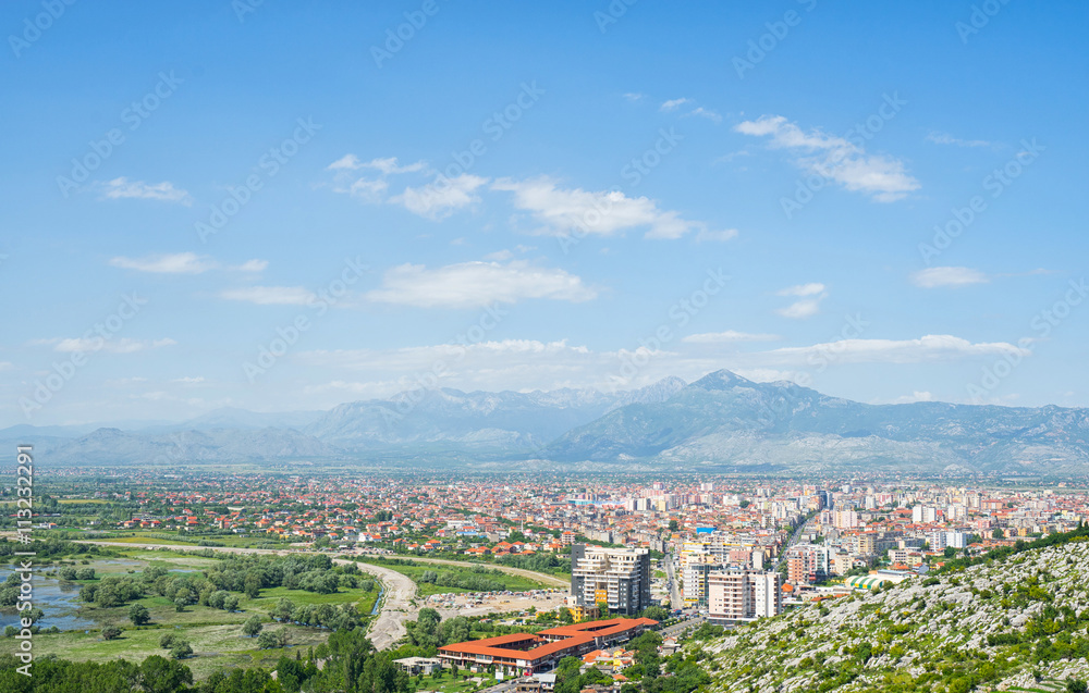 Aerial view on city and mountains from Rozafa castle. Shkoder (Skodra), Albania.