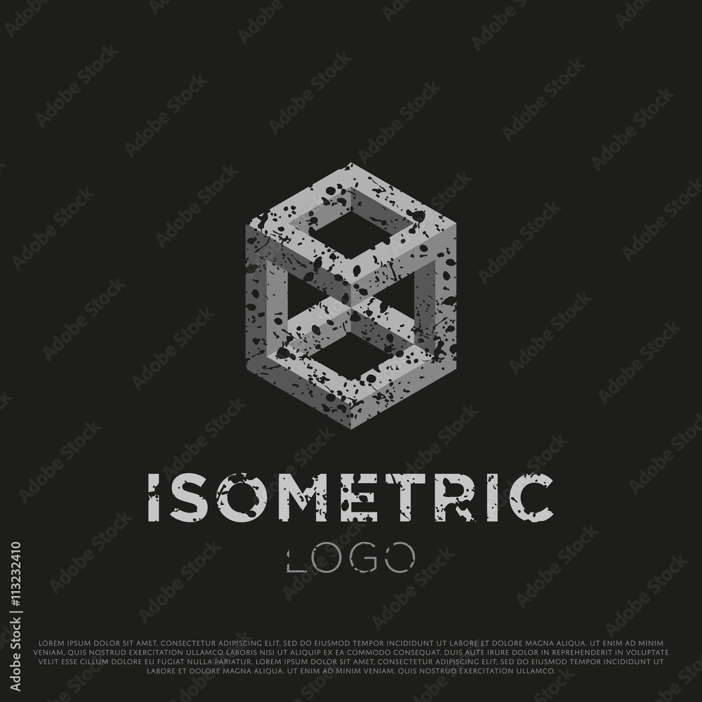 Vector 3d Logo with Grunge Texture. Isometric Sign. Illusion Symbol