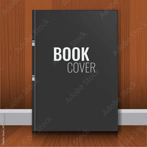 Mockup of black realistic book cover with wood background.