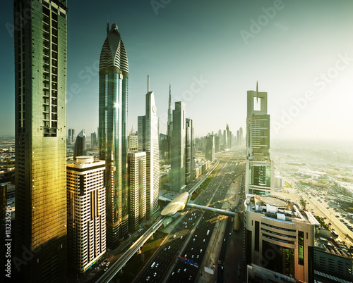 Dubai skyline in sunset time, United Arab Emirates