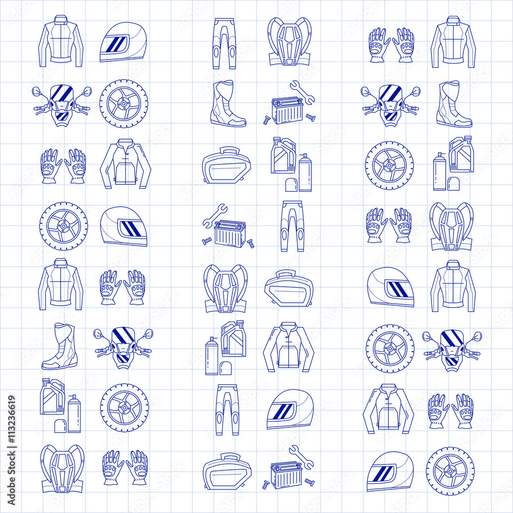 Fototapeta premium Vector set of linear motorcycle icons