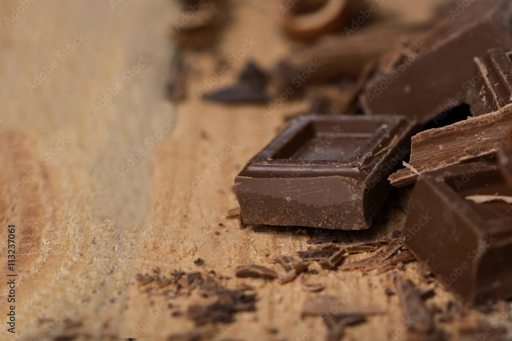 Chopped chocolate pieces, close up Chopped chocolate pieces, close up