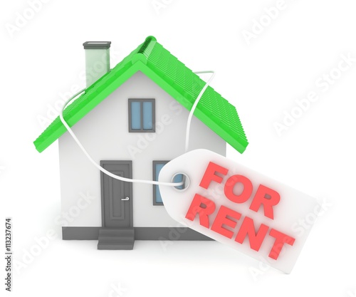 Miniature model of house real estate for rent label on white background. 3D rendering.