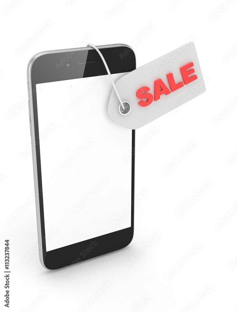 Smart phone with red sale label on white background. Best offer. Leader of sales. 3D rendering. Smart phone with red sale label on white background. Best offer. Leader of sales. 3D rendering.