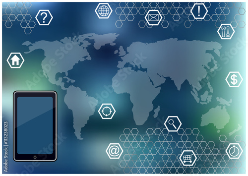 modern vector illustration of smartphone with world map silhouette and social media icons