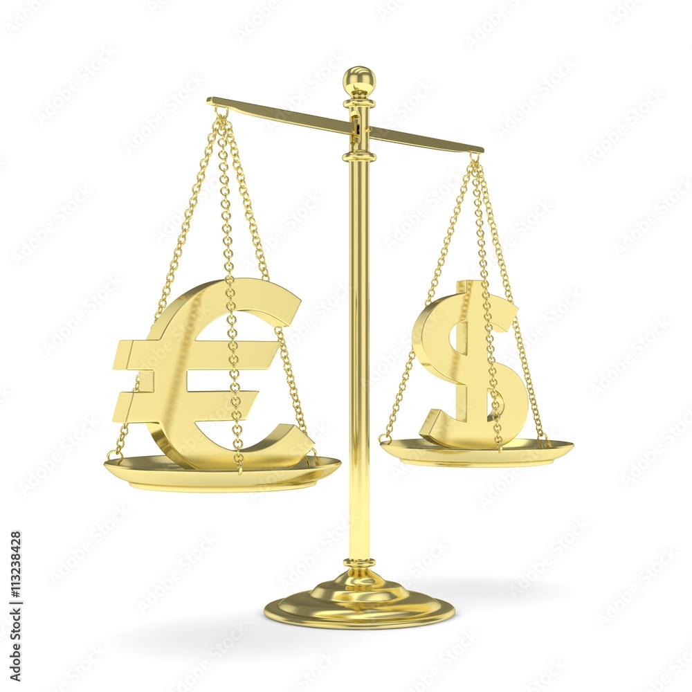 Isolated golden scales with dollar and euro currency. American and european finance. Measuring of market stability. 3D rendering. Isolated golden scales with dollar and euro currency. American and european finance. Measuring of market stability. 3D rendering.