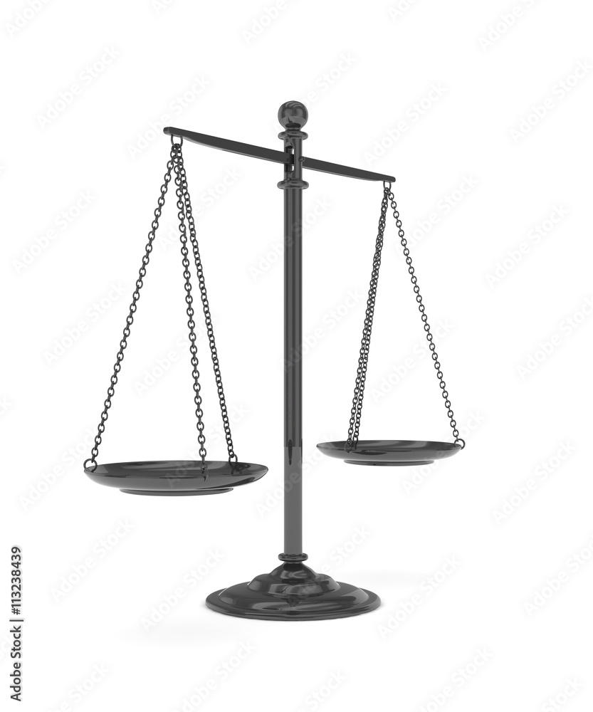 Isolated black scales on white background. Symbol of judgement. Law, measurement, liberty in one concept. 3D rendering. Isolated black scales on white background. Symbol of judgement. Law, measurement, liberty in one concept. 3D rendering.