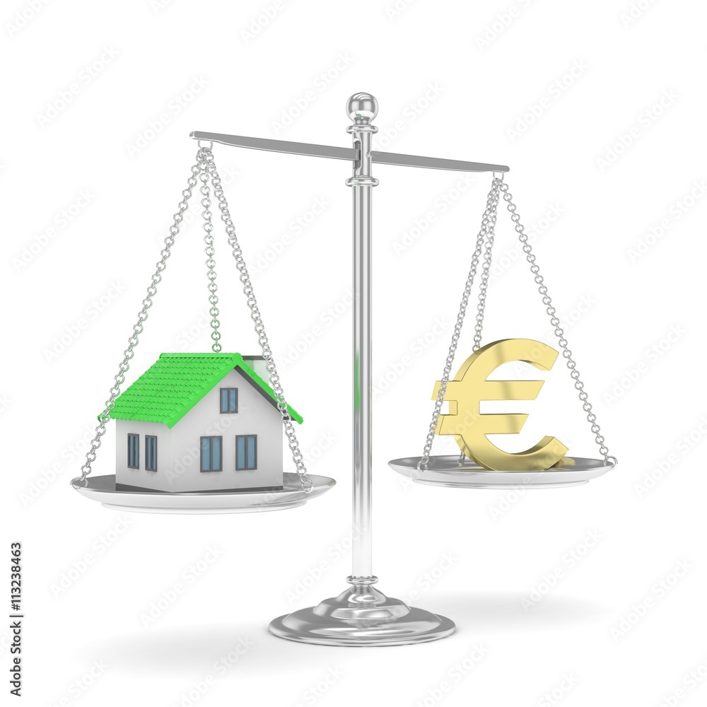 Isolated silver scales with golden euro and house on white background. Investment or savings concept. Real estate and currency. 3D rendering. Isolated silver scales with golden euro and house on white background. Investment or savings concept. Real estate and currency. 3D rendering.