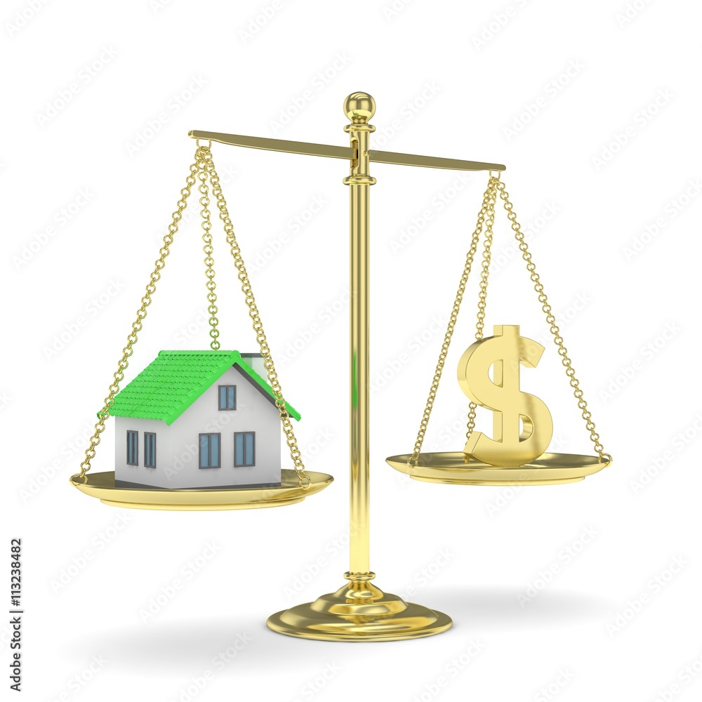 Isolated golden scales with golden dollar and house on white background. Investment or savings concept. Real estate and currency. 3D rendering. Isolated golden scales with golden dollar and house on white background. Investment or savings concept. Real estate and currency. 3D rendering.