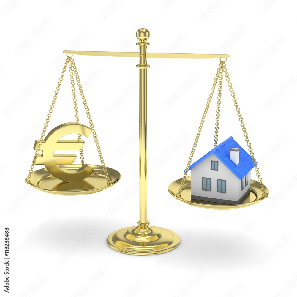 Isolated golden scales with golden euro and house on white background. Investment or savings concept. Real estate and currency. 3D rendering. Isolated golden scales with golden euro and house on white background. Investment or savings concept. Real estate and currency. 3D rendering.