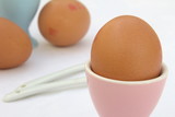 Eggs in pink and blue egg cups on a table in shallow focus