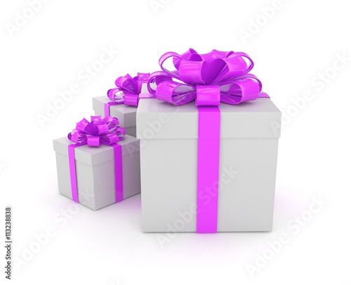 three gift boxes with bows isolated on white. 3d rendering. © Natalia Merzlyakova
