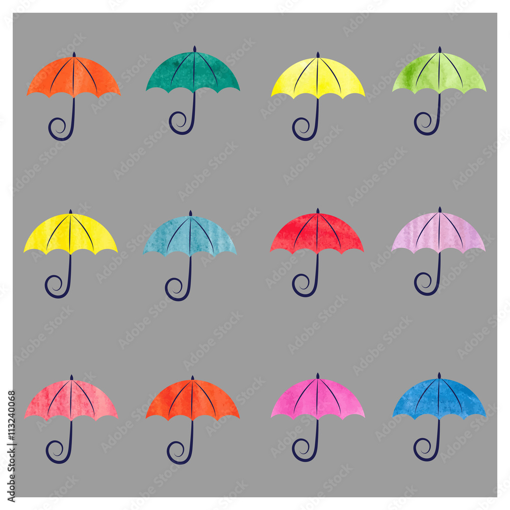 Set of cute watercolor umbrellas. Vector illustration. 