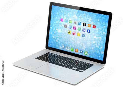 3d rendering of a laptop with blue wallpaper with app icon