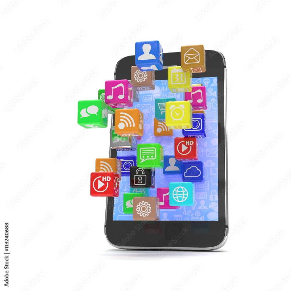 icon app fall in smart phone. 3d rendering. icon app fall in smart phone. 3d rendering.