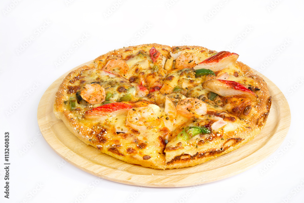 Pizza on a wooden tray.