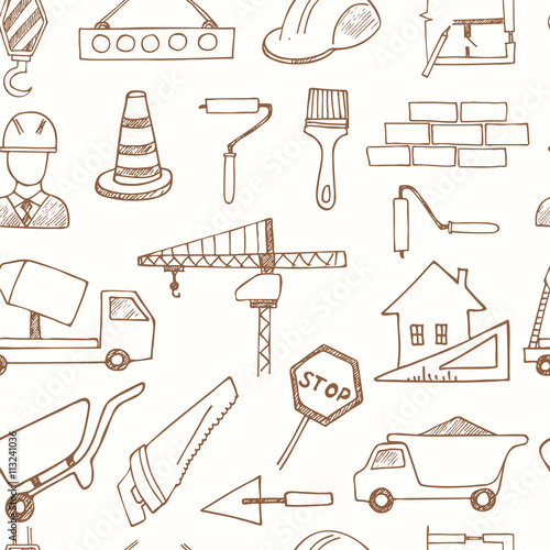 Seamless pattern with doodle sketch Architecture Construction Building icons