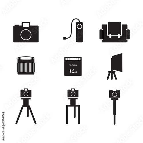 photography icon. Camera, lens, tripod, monopod, sd card,camera bag,shutter cable.