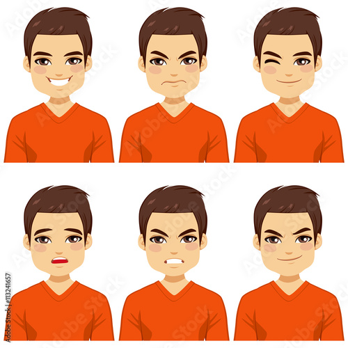 Attractive brown haired young man on six different face expressions collection
